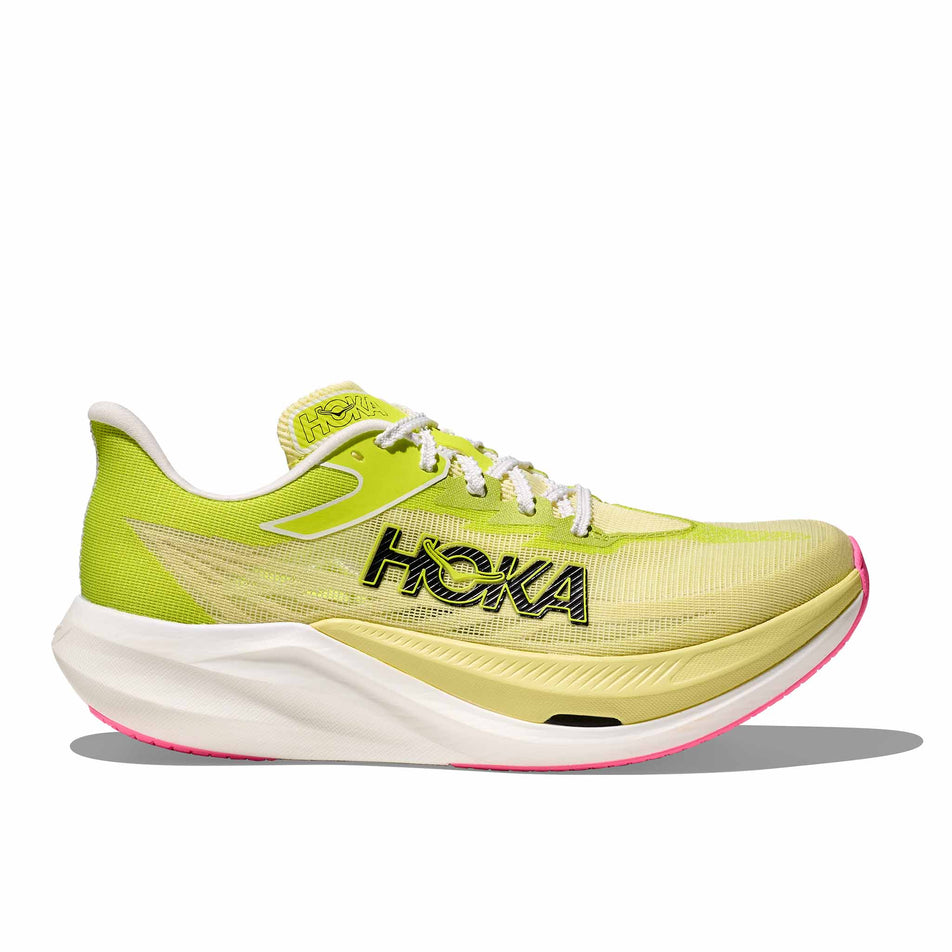 Lateral view of the right shoe from a pair of HOKA Unisex Rocket X 3 Running Shoes in the Sunlight/Neon Hoka Citrus colourway. (8689390059682)