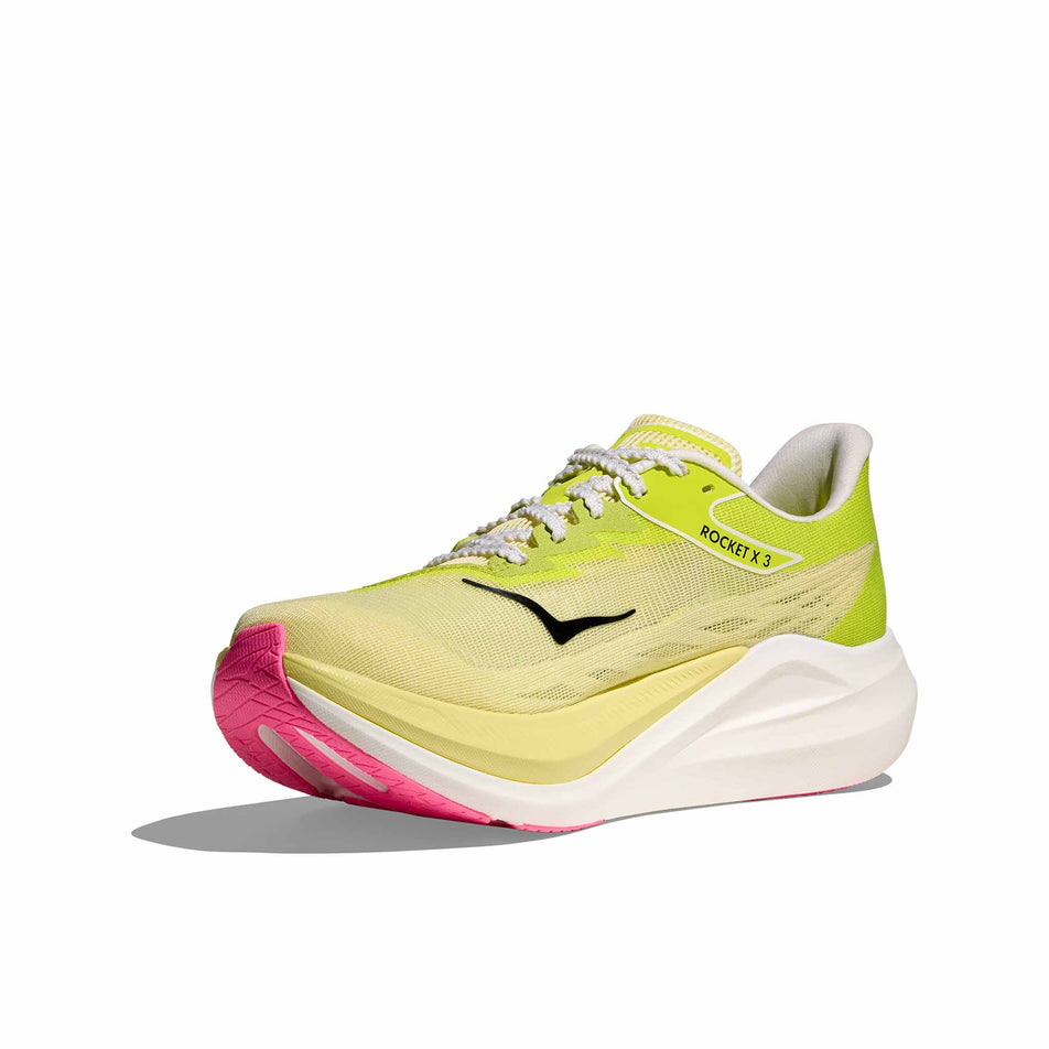 Medial view of the right shoe from a pair of HOKA Unisex Rocket X 3 Running Shoes in the Sunlight/Neon Hoka Citrus colourway. (8689390059682)