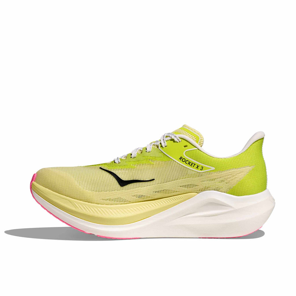 Medial view of the right shoe from a pair of HOKA Unisex Rocket X 3 Running Shoes in the Sunlight/Neon Hoka Citrus colourway. (8689390059682)