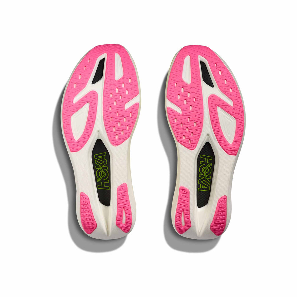 The outsoles of a pair of HOKA Unisex Rocket X 3 Running Shoes in the Sunlight/Neon Hoka Citrus colourway. (8689390059682)