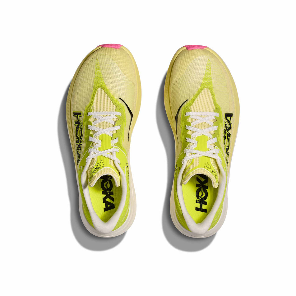 The uppers of a pair of HOKA Unisex Rocket X 3 Running Shoes in the Sunlight/Neon Hoka Citrus colourway. (8689390059682)