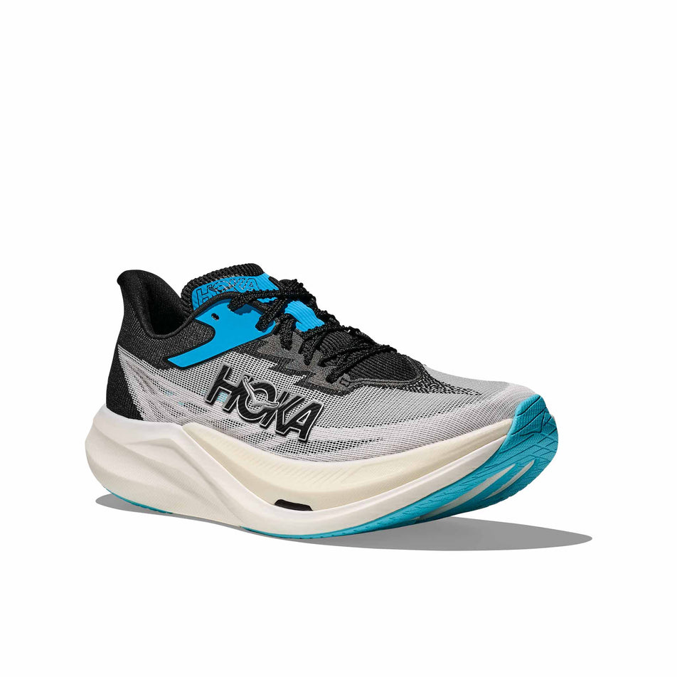 Lateral view of the right shoe from a pair of HOKA Unisex Rocket X 3 Running Shoes in the White/Black colourway. (8689387602082)