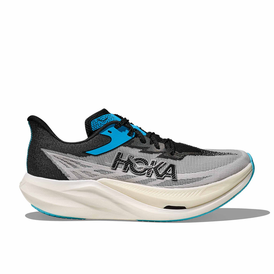 Lateral view of the right shoe from a pair of HOKA Unisex Rocket X 3 Running Shoes in the White/Black colourway. (8689387602082)