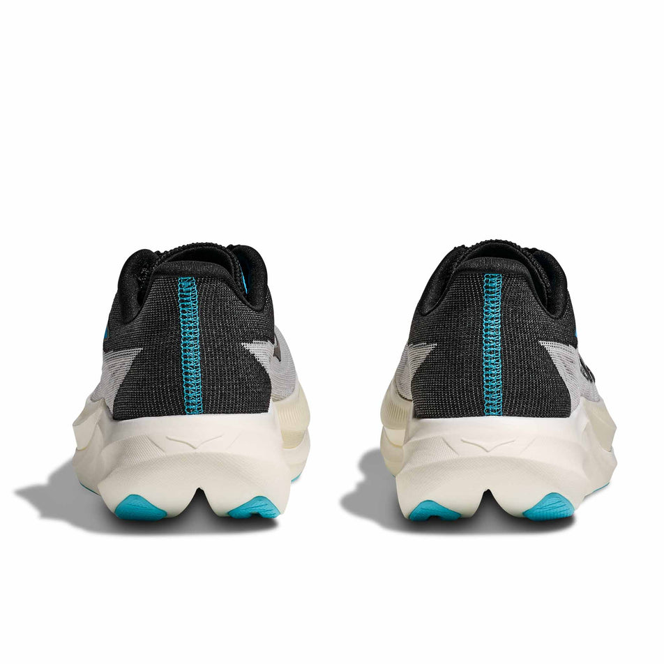 The back of a pair of HOKA Unisex Rocket X 3 Running Shoes in the White/Black colourway. (8689387602082)