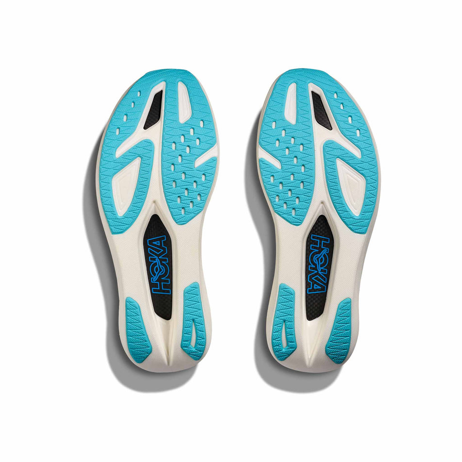 The outsoles of a pair of HOKA Unisex Rocket X 3 Running Shoes in the White/Black colourway. (8689387602082)