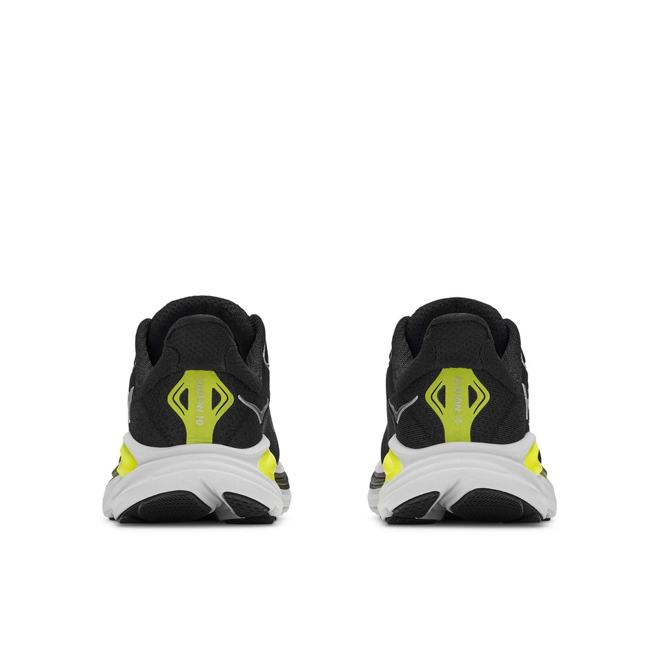 The back of a pair of HOKA Clifton 10 Big Kids Running Shoes in the Black/Cosmic Grey colourway.