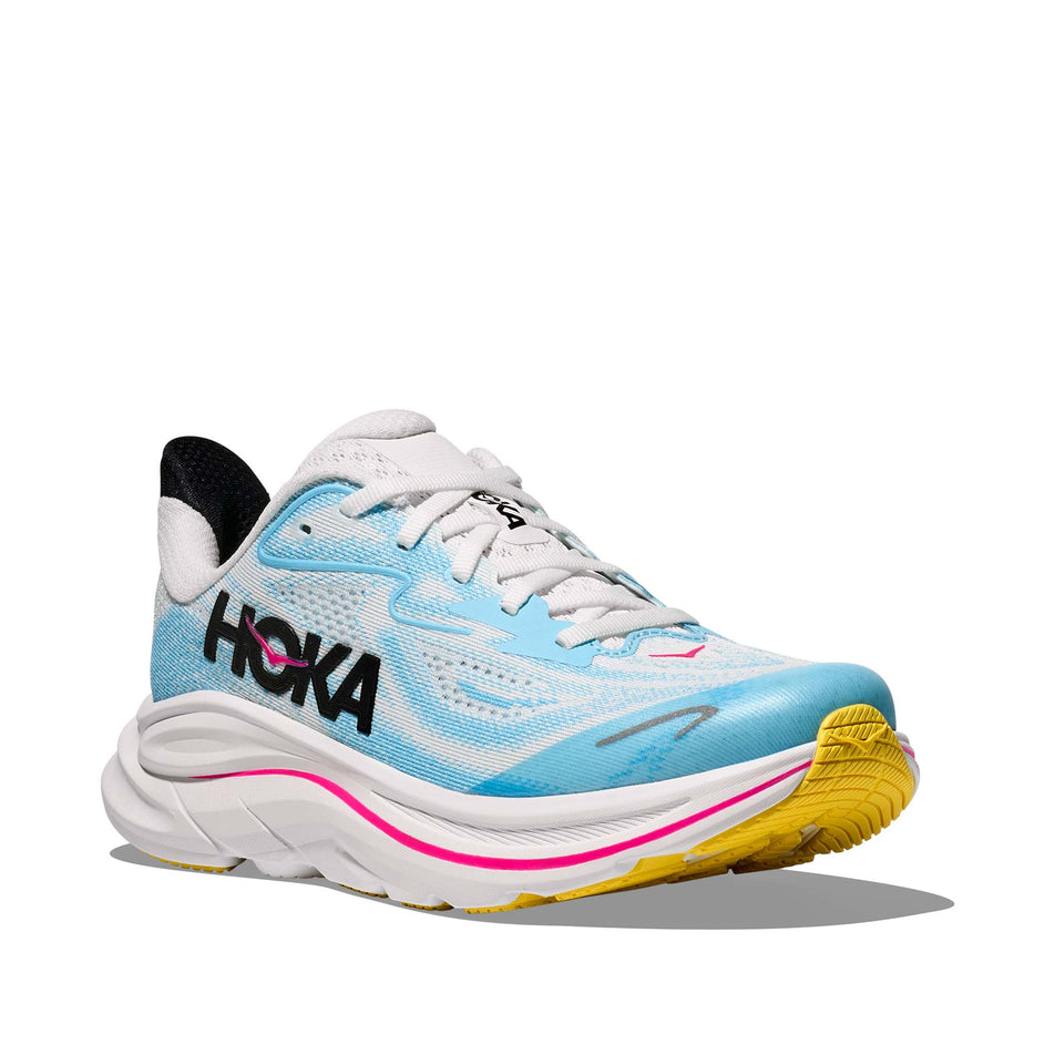 Lateral view of the right shoe from a pair of HOKA Clifton 10 Big Kids Running Shoes in the Frost/Soaring Blue colourway.