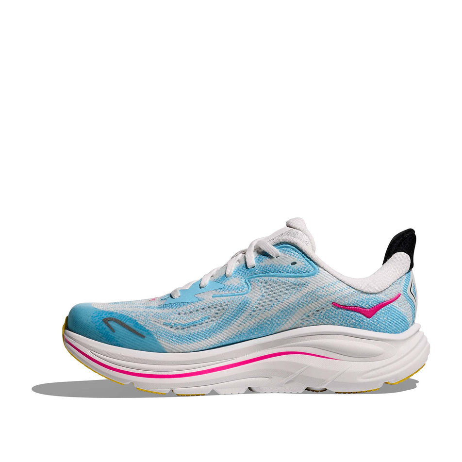 Medial view of the right shoe from a pair of HOKA Clifton 10 Big Kids Running Shoes in the Frost/Soaring Blue colourway.