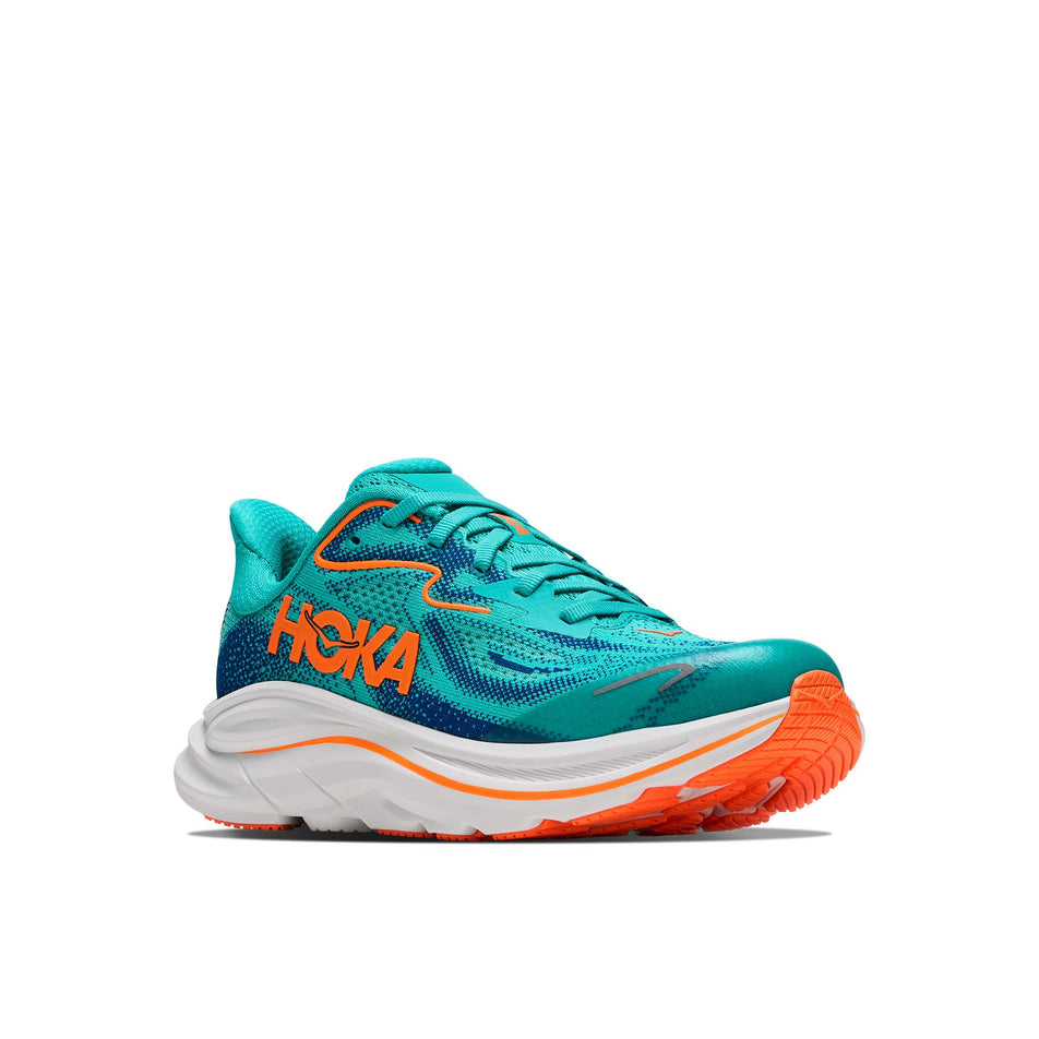 Lateral view of the right shoe from a pair of HOKA Clifton 10 Big Kids Running Shoes in the Night Glow Blue/Electric Aqua colourway.