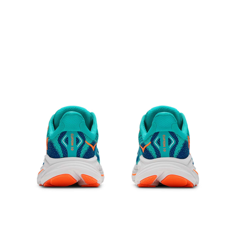 The back of a pair of HOKA Clifton 10 Big Kids Running Shoes in the Night Glow Blue/Electric Aqua colourway.