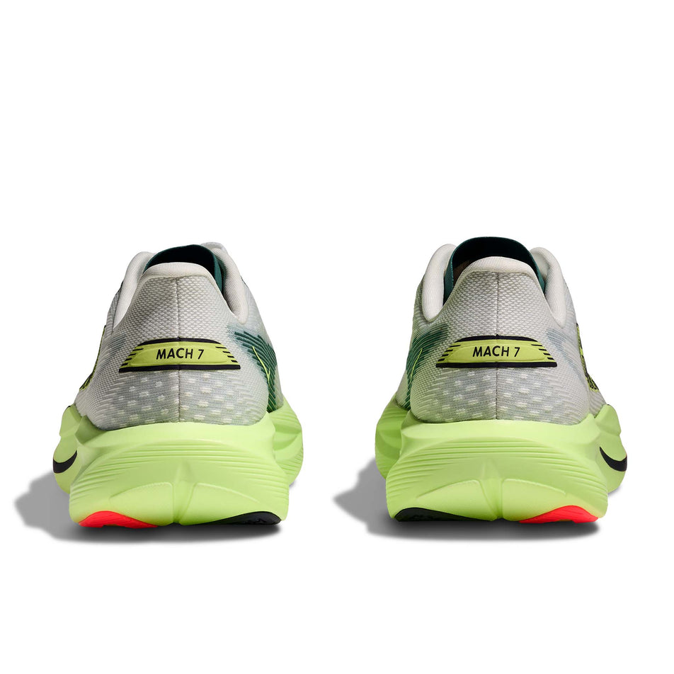 The back of a pair of HOKA Men's Mach 7 Running Shoes in the Frost/Neon Yuzu colourway.