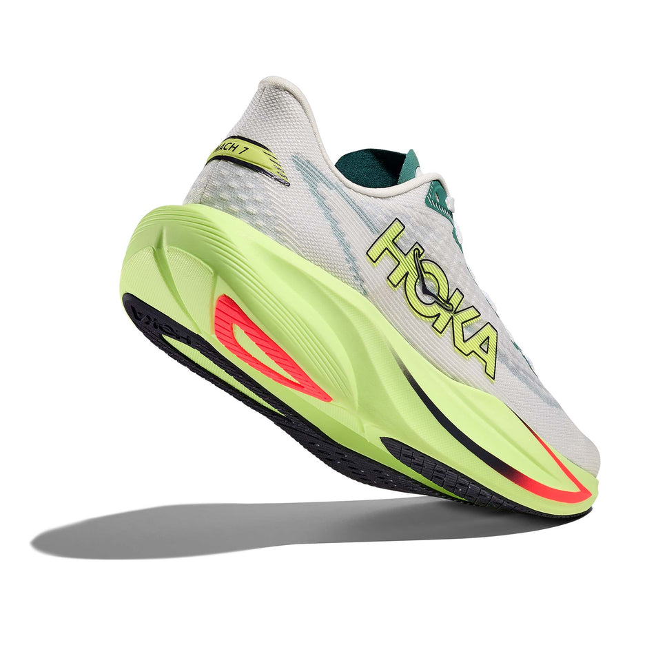 Lateral - and outsole - view of the right shoe from a pair of HOKA Men's Mach 7 Running Shoes in the Frost/Neon Yuzu colourway.