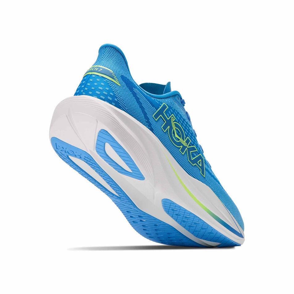 Lateral - and outsole - view of the right shoe from a pair of HOKA Men's Mach 7 Running Shoes in the Virtual Blue/Soft Cobalt colourway.