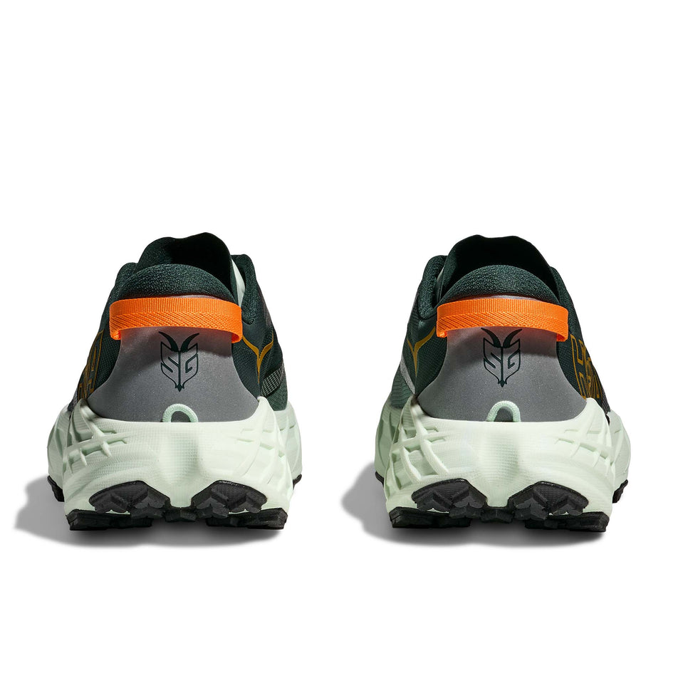 The back of a pair of HOKA Men's Speedgoat 7 Running Shoes in the Bay Leaf/Sea Glass colourway.