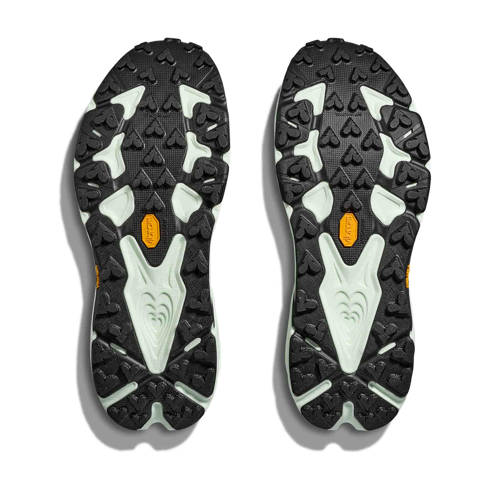 The outsoles of a pair of HOKA Men's Speedgoat 7 Running Shoes in the Bay Leaf/Sea Glass colourway.