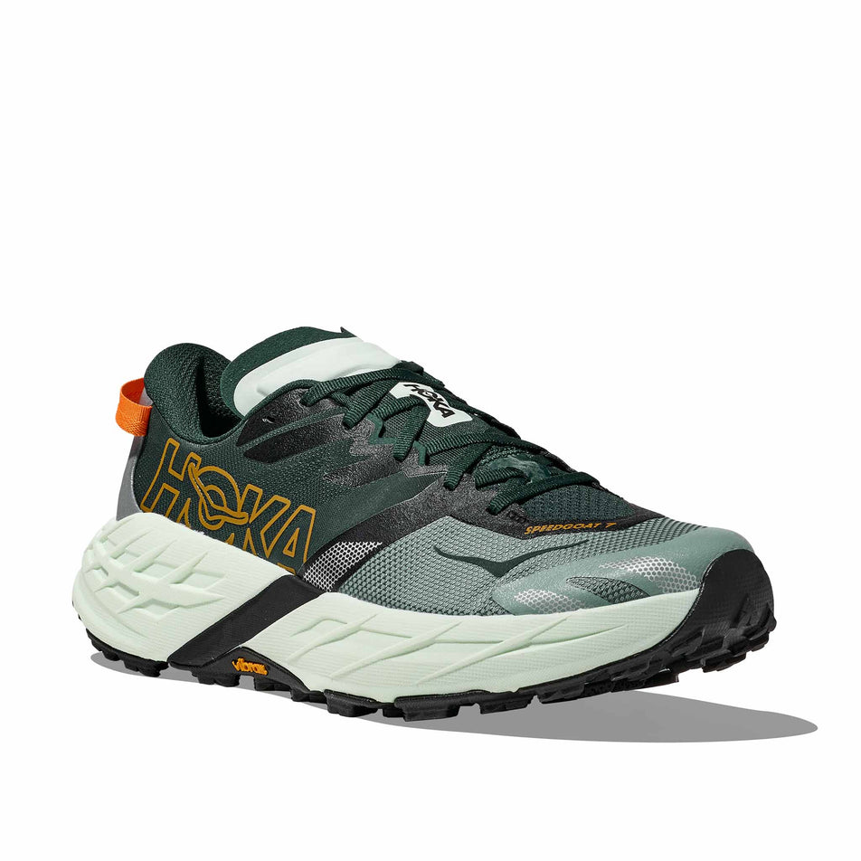 Lateral view of the right shoe from a pair of HOKA Men's Speedgoat 7 Running Shoes in the Bay Leaf/Sea Glass colourway.