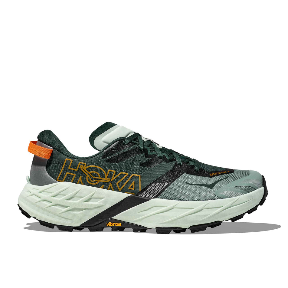 Lateral view of the right shoe from a pair of HOKA Men's Speedgoat 7 Running Shoes in the Bay Leaf/Sea Glass colourway.