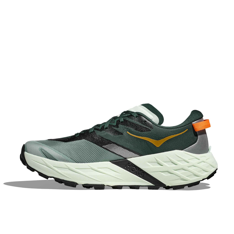 Medial view of the right shoe from a pair of HOKA Men's Speedgoat 7 Running Shoes in the Bay Leaf/Sea Glass colourway.