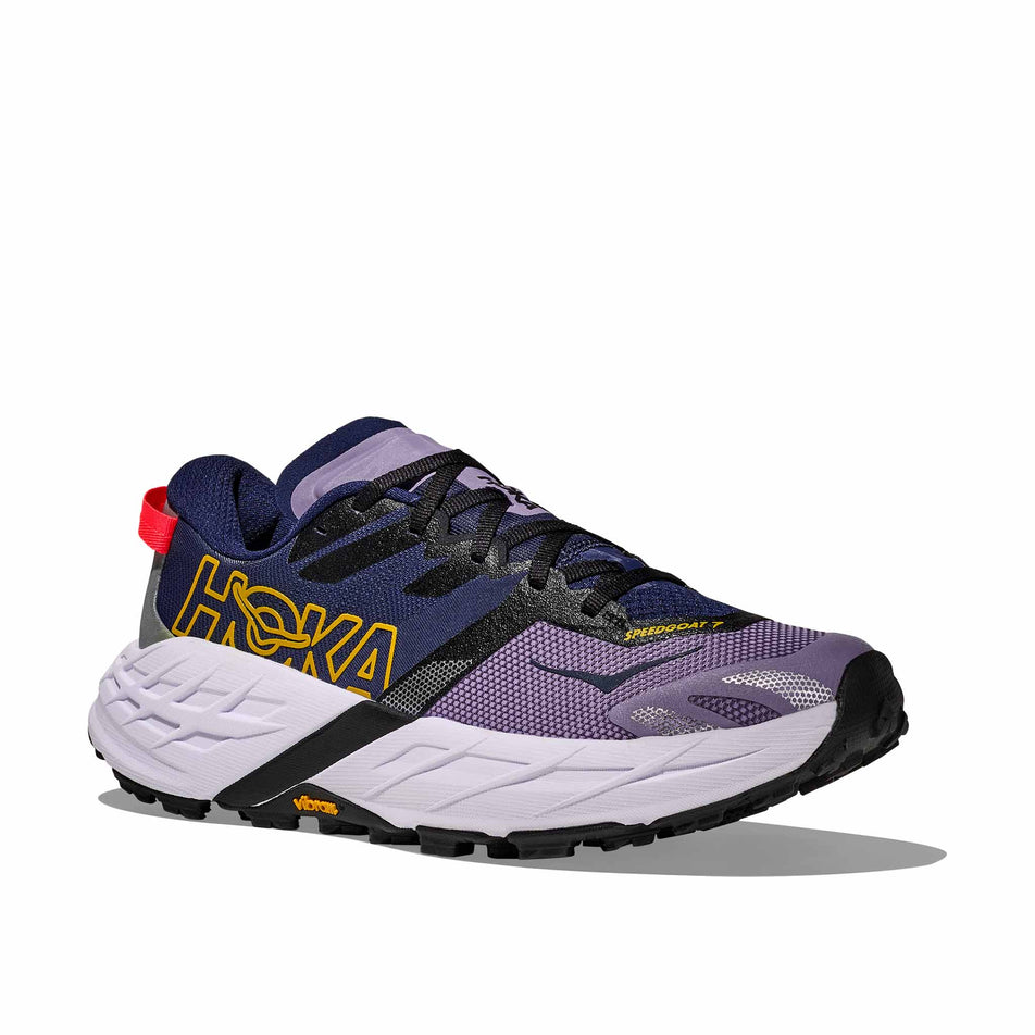 Lateral view of the right shoe from a pair of HOKA Women's Speedgoat 7 Running Shoes in the Berry Jam/Starlight Glow colourway.