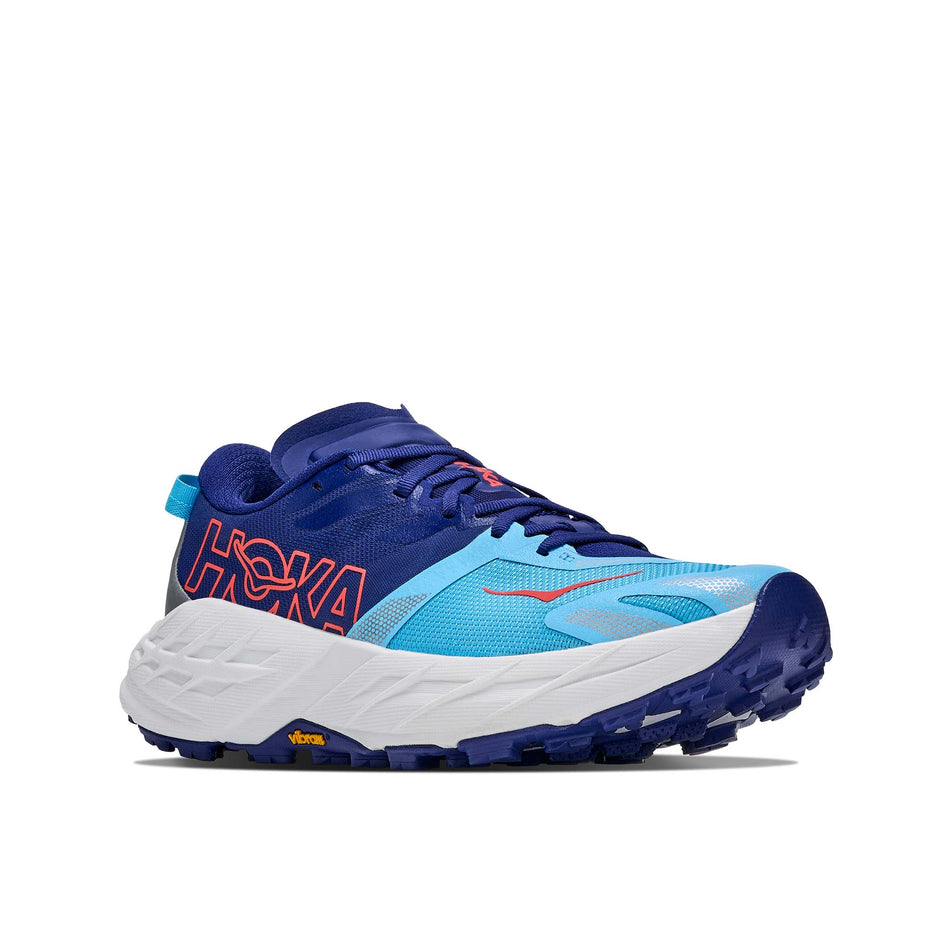 Lateral view of the right shoe from a pair of HOKA Women's Speedgoat 7 Running Shoes in the Blueberry/Cosmic Grey colourway.