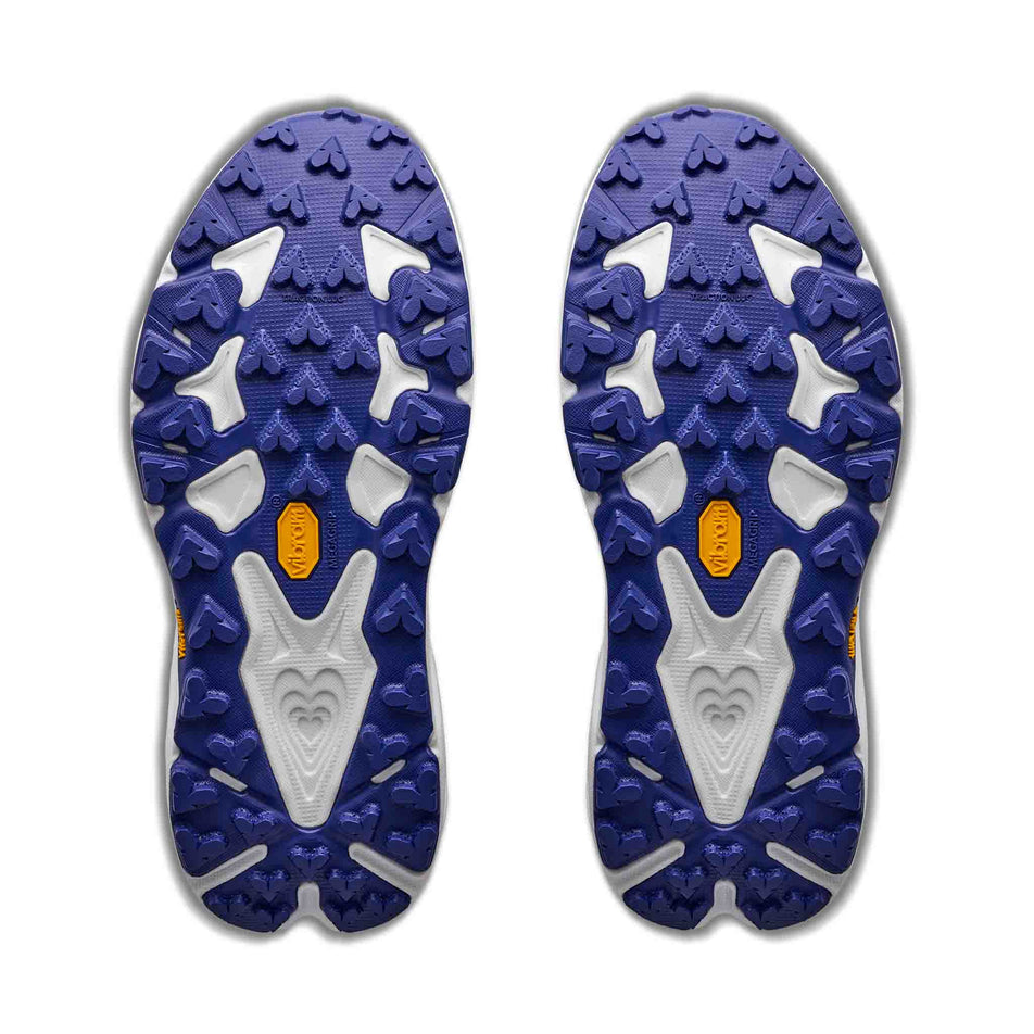 The outsoles of a pair of HOKA Women's Speedgoat 7 Running Shoes in the Blueberry/Cosmic Grey colourway.