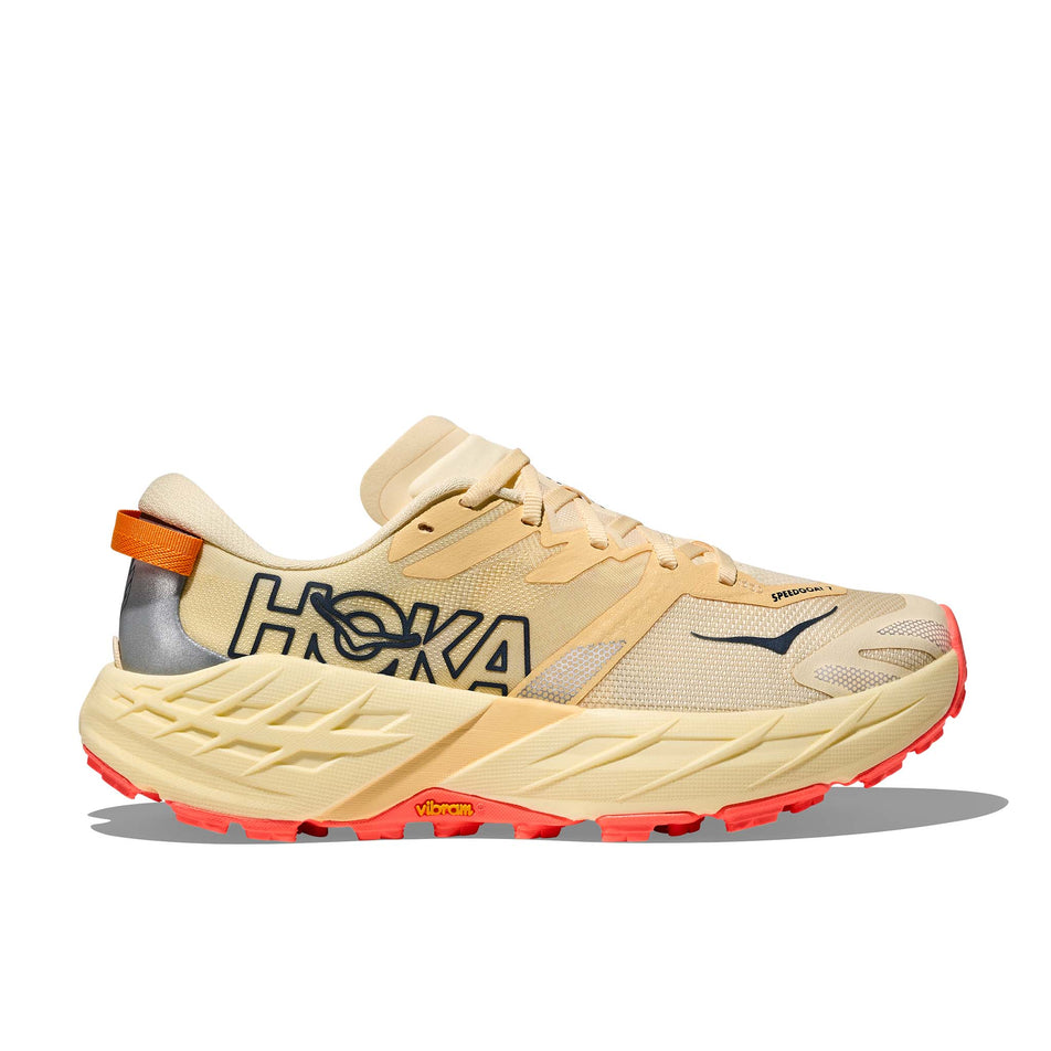 Lateral view of the right shoe from a pair of HOKA Women's Speedgoat 7 Running Shoes in the Vintage Yellow/Neon Flame colourway.