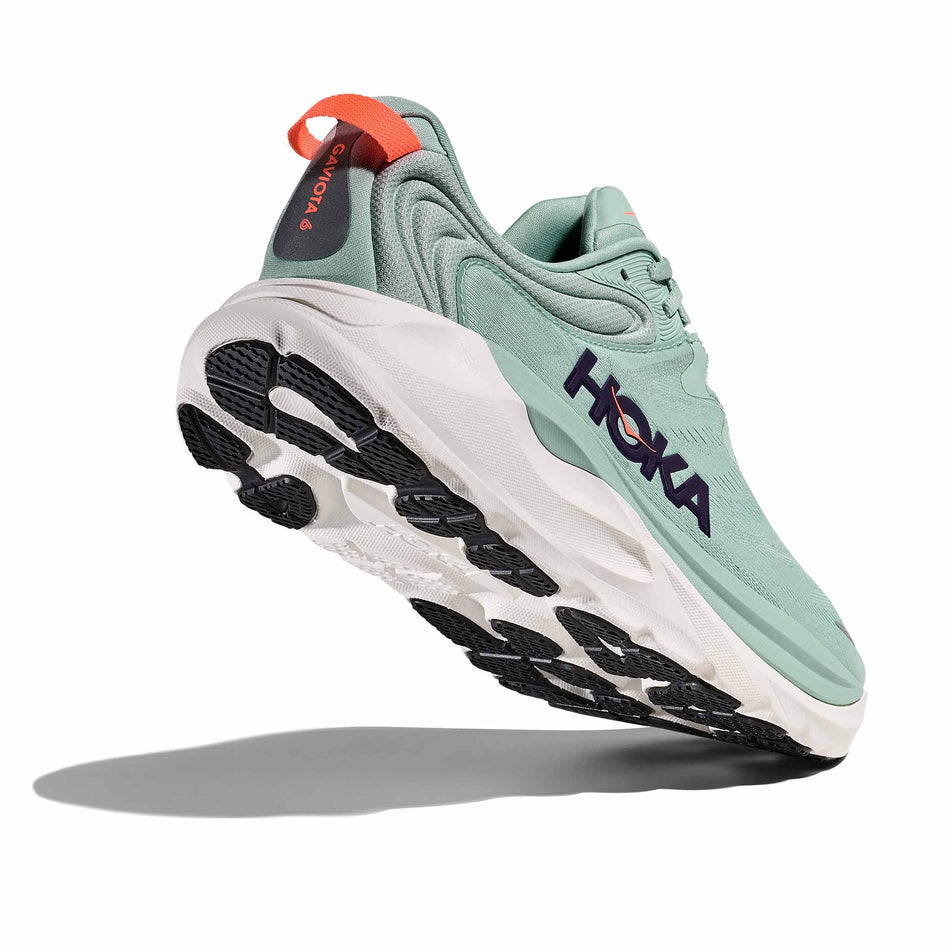 Lateral - and outsole - view of the right shoe from a pair of HOKA Men's Gaviota 6 Running Shoes in the Sage/Stardust colourway.