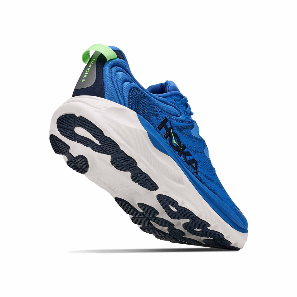 Lateral - and outsole - view of the right shoe from a pair of HOKA Men's Gaviota 6 Running Shoes in the Virtual Blue/Varsity Navy colourway.