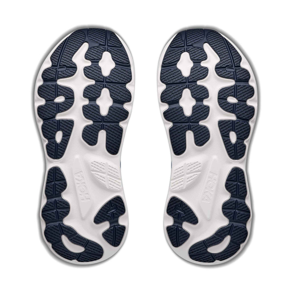 The outsoles of a pair of HOKA Men's Gaviota 6 Running Shoes in the Virtual Blue/Varsity Navy colourway.
