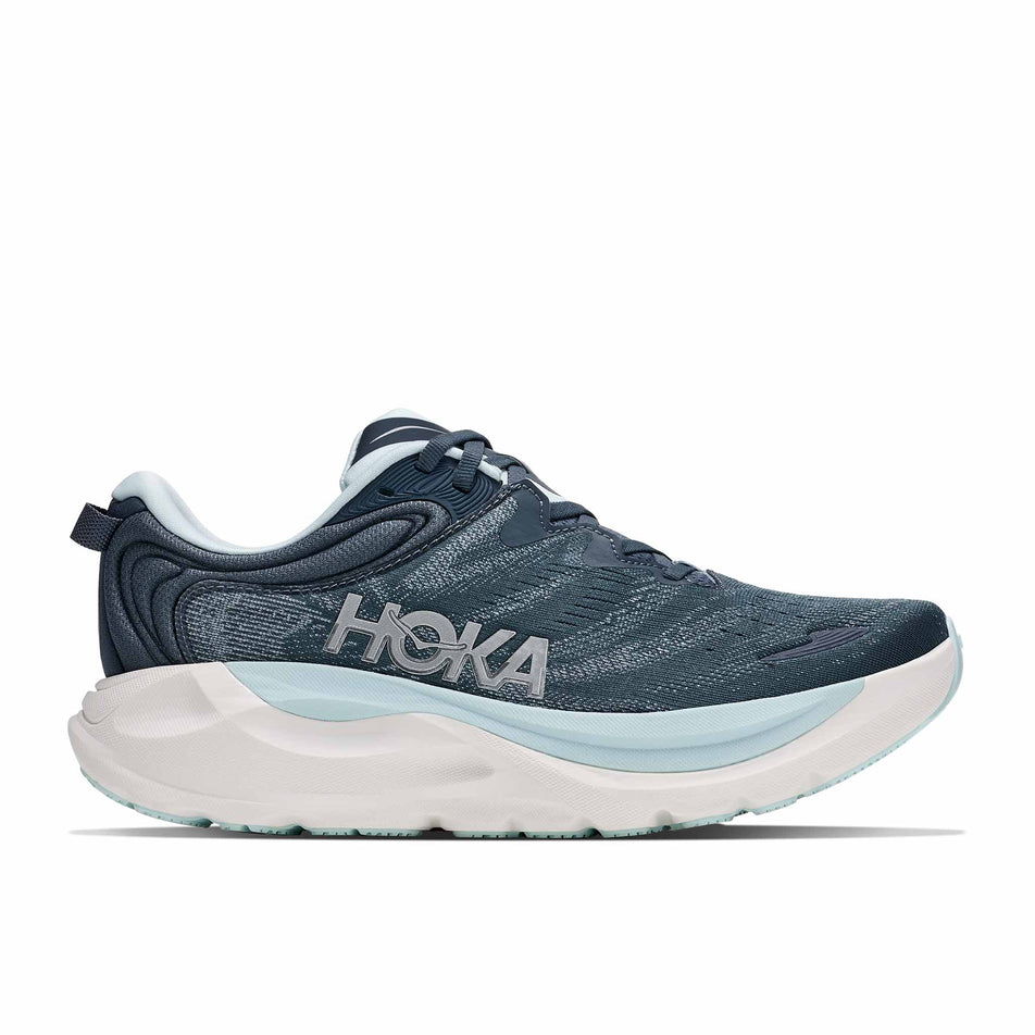 Lateral view of the right shoe from a pair of HOKA Women's Gaviota 6 Running Shoes in the Faded Navy/Glimmering Blue colourway.