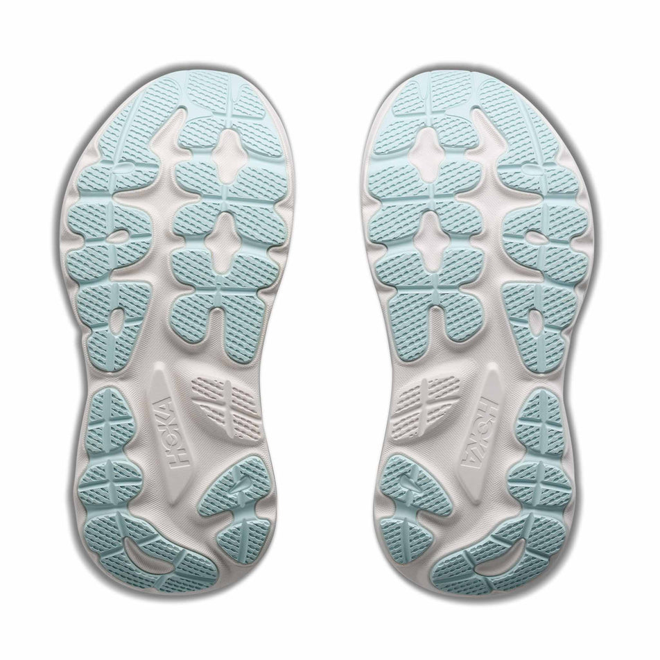 The outsoles of a pair of HOKA Women's Gaviota 6 Running Shoes in the Faded Navy/Glimmering Blue colourway.