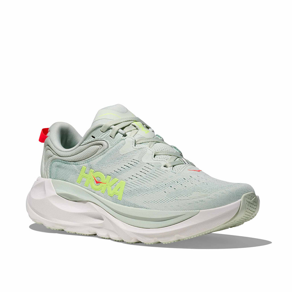 Lateral view of the right shoe from a pair of HOKA Women's Gaviota 6 Running Shoes in the Sea Glass/Sage colourway.