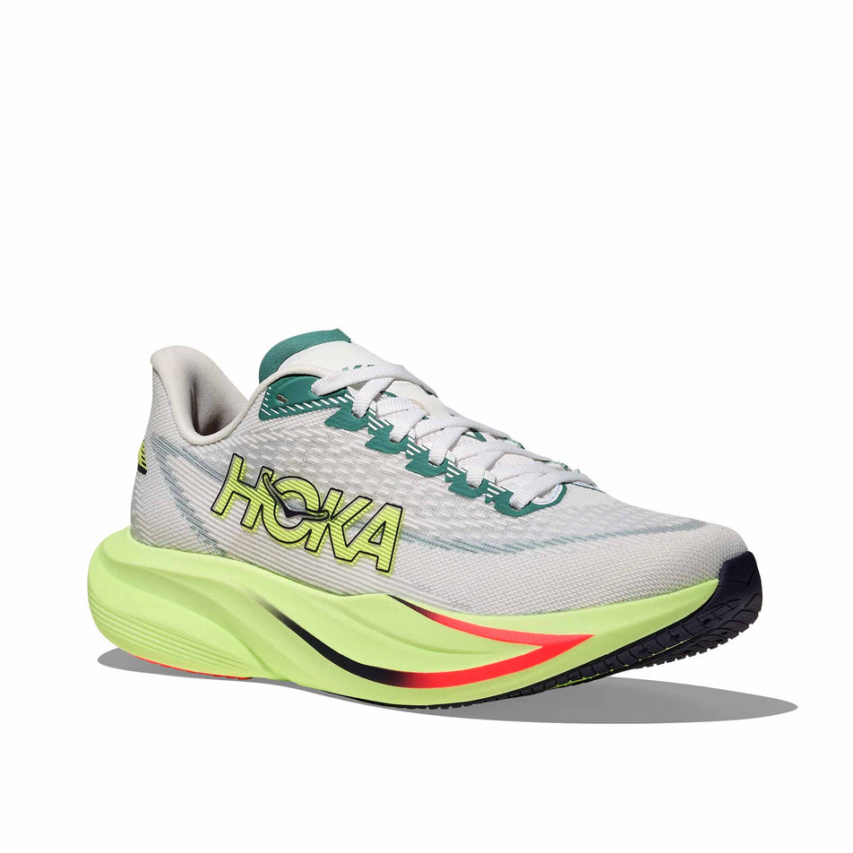 Lateral view of the right shoe from a pair of HOKA Women's Mach 7 Running Shoes in the Frost/Neon Yuzu colourway.