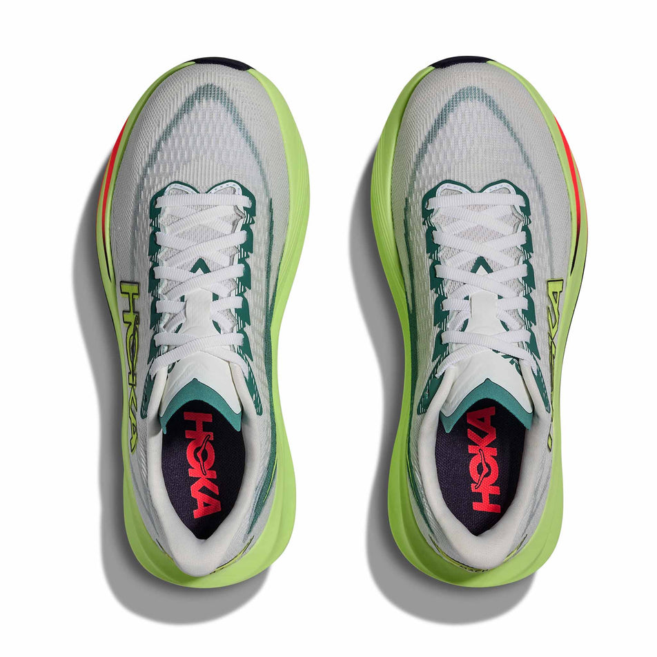 The uppers of a pair of HOKA Women's Mach 7 Running Shoes in the Frost/Neon Yuzu colourway.