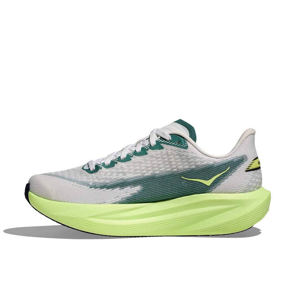 Medial view of the right shoe from a pair of HOKA Women's Mach 7 Running Shoes in the Frost/Neon Yuzu colourway.