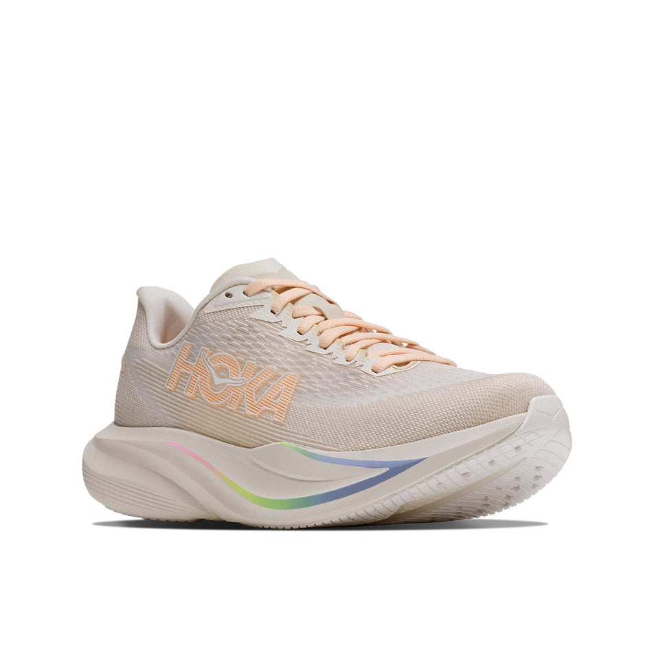 Lateral view of the right shoe from a pair of HOKA Women's Mach 7 Running Shoes in the Oat Milk/Alabaster colourway.