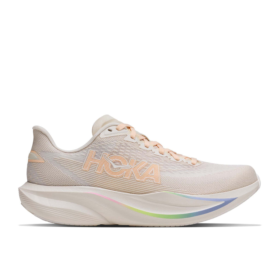 Lateral view of the right shoe from a pair of HOKA Women's Mach 7 Running Shoes in the Oat Milk/Alabaster colourway.
