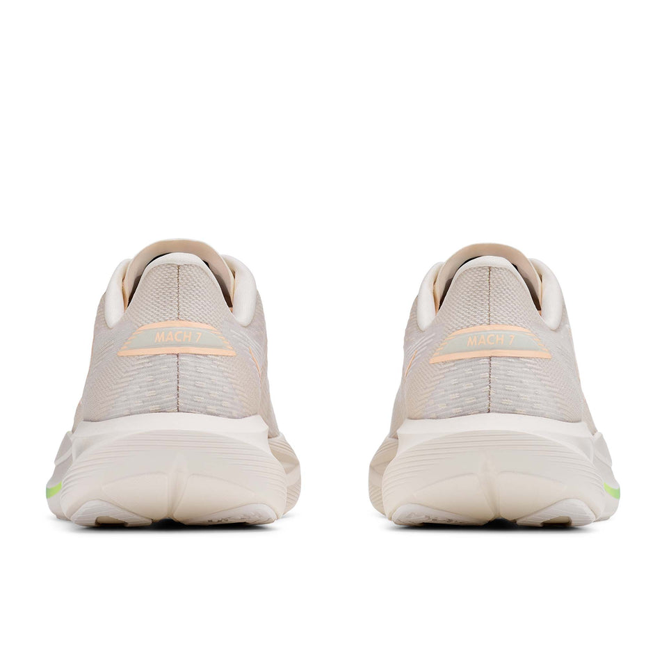 The back of a pair of HOKA Women's Mach 7 Running Shoes in the Oat Milk/Alabaster colourway.