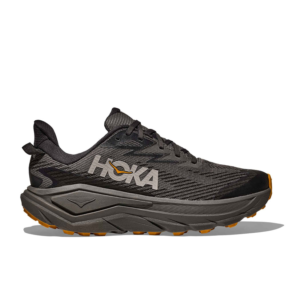 Lateral view of the right shoe from a pair of HOKA Men's Challenger 8 GTX Running Shoes in the Asphalt Grey/Varsity Yellow colourway.