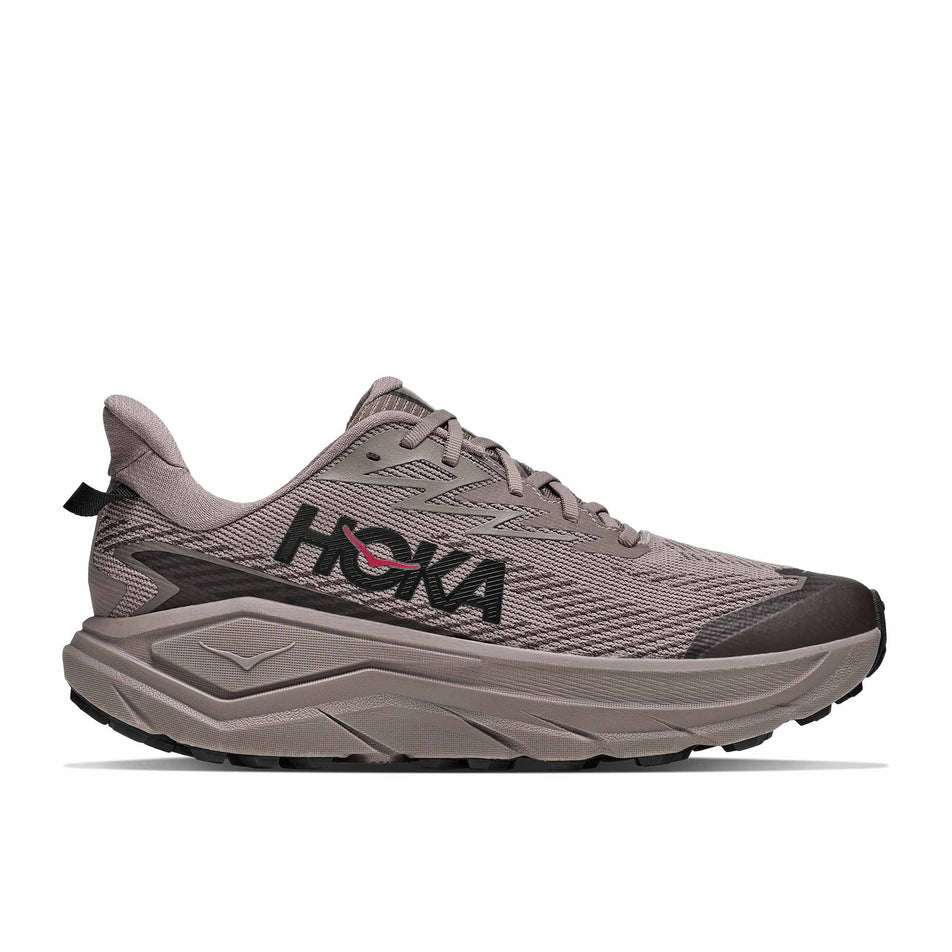 Lateral view of the right shoe from a pair of HOKA Men's Challenger 8 GTX Trail Running Shoes in the Pebble Grey/Boulder Grey colourway.