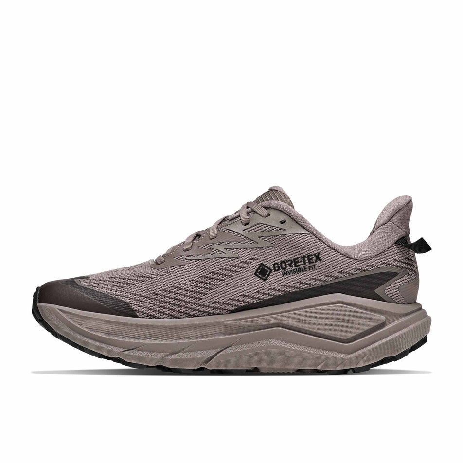 Medial view of the right shoe from a pair of HOKA Men's Challenger 8 GTX Trail Running Shoes in the Pebble Grey/Boulder Grey colourway.
