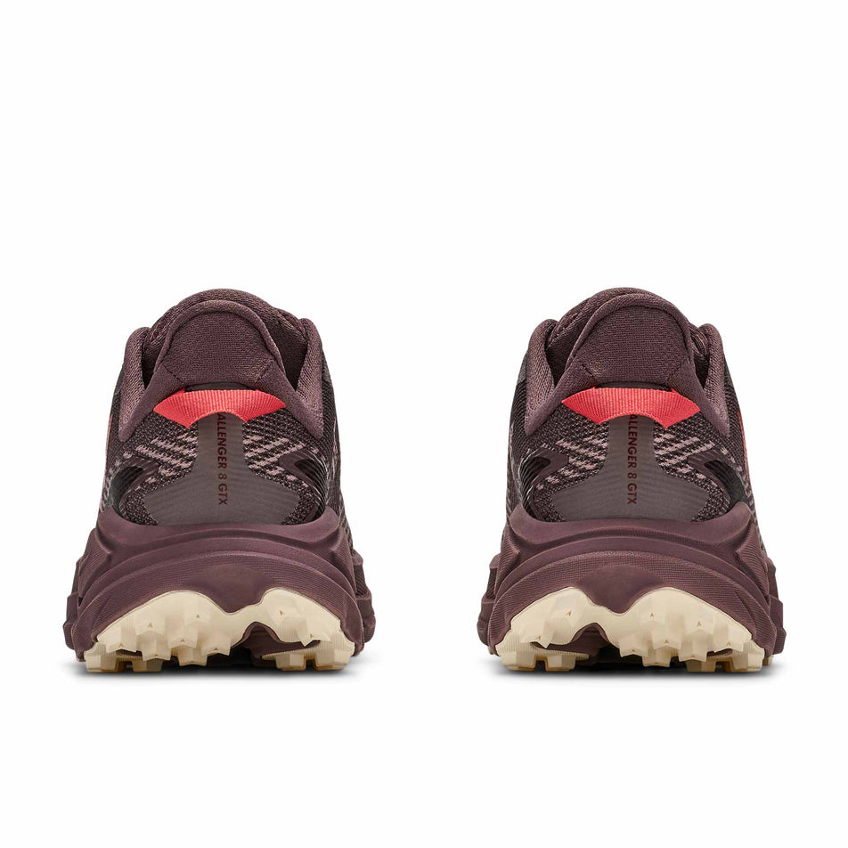 The back of a pair of HOKA Women's Challenger 8 GTX Trail Running Shoes in the Smoky Quartz/Alabaster colourway.