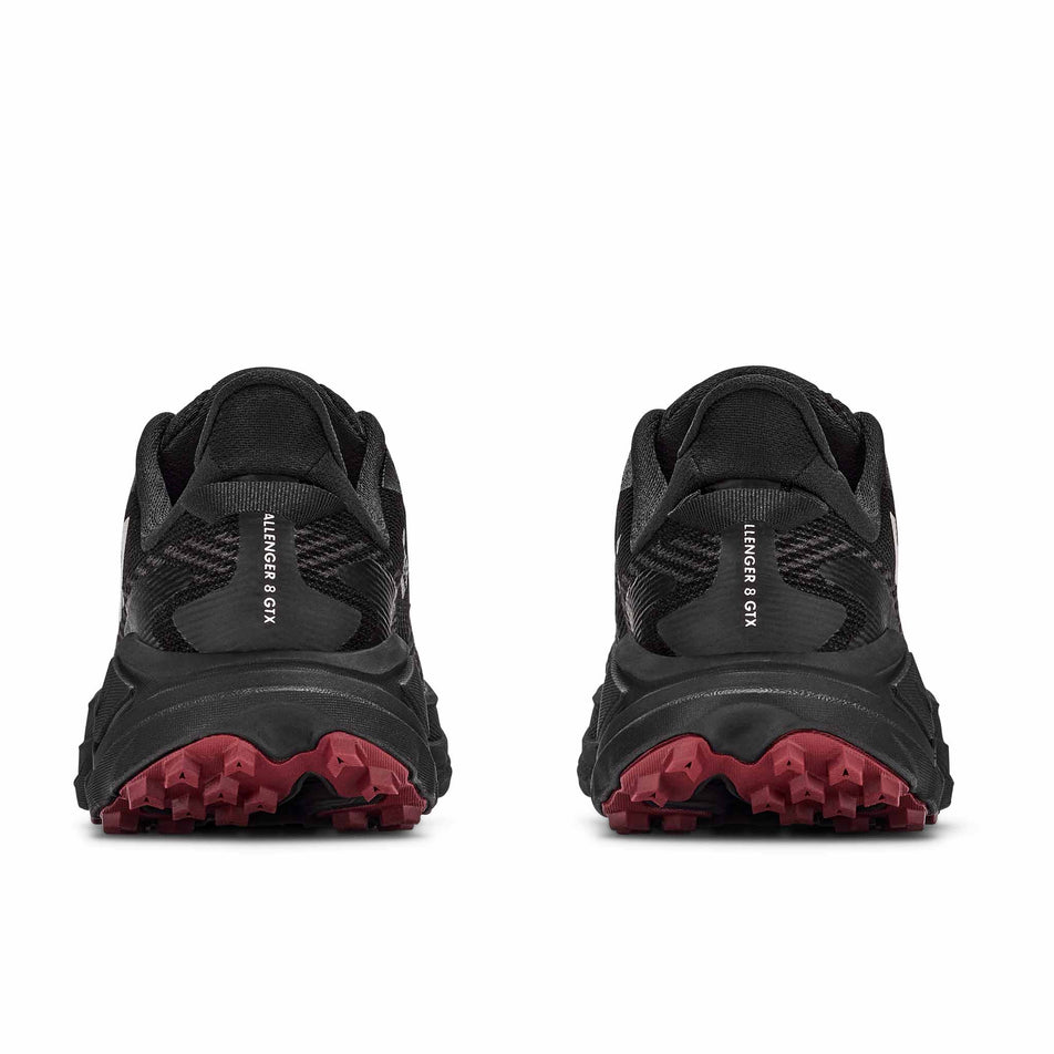 The back of a pair of HOKA Women's Challenger 8 GTX Trail Running Shoes in the Black/Varsity Burgundy colourway.