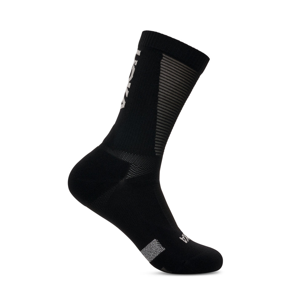 Side view of one of the socks from a pair of HOKA Unisex Race Day Crew Sock in the Black colourway.