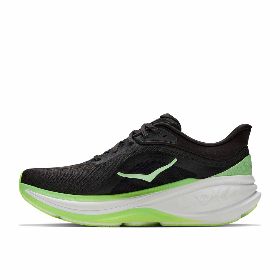 Medial view of the right shoe from a pair of HOKA Men's Clifton Pro Running Shoes in the Carbon Black/Tart Apple colourway.