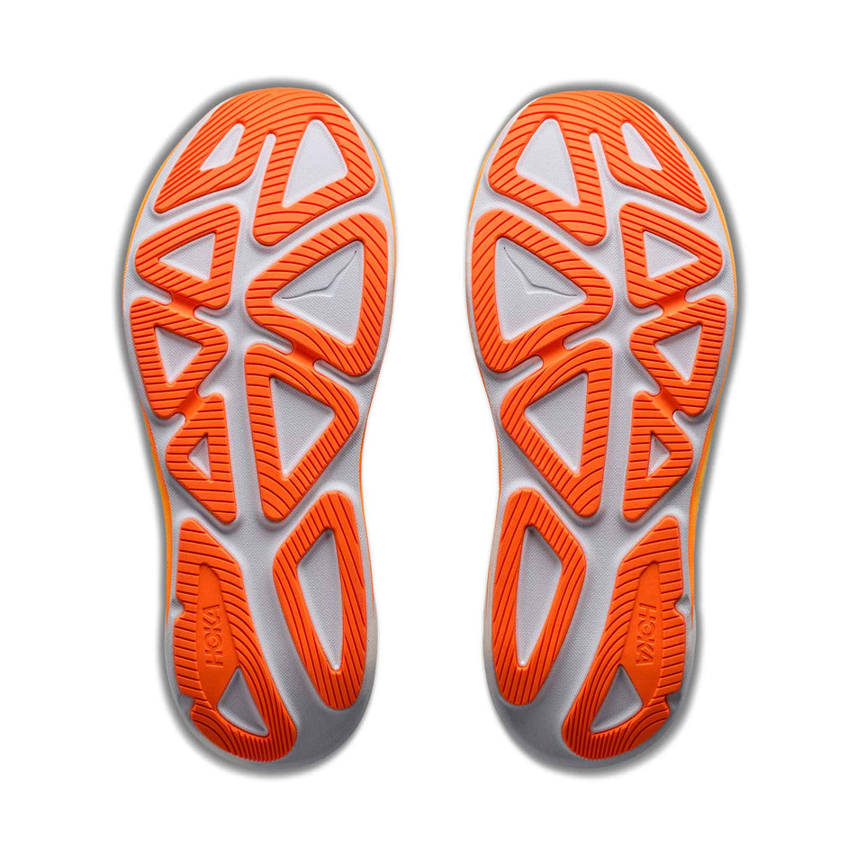 The outsoles of a pair of HOKA Men's Clifton Pro Running Shoes in the Cosmic Grey/Black colourway.