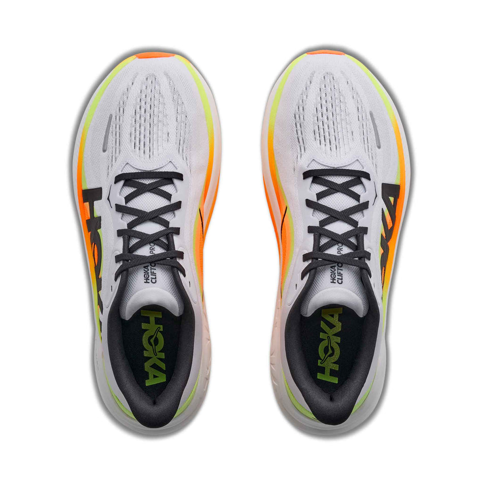 The uppers of a pair of HOKA Men's Clifton Pro Running Shoes in the Cosmic Grey/Black colourway.