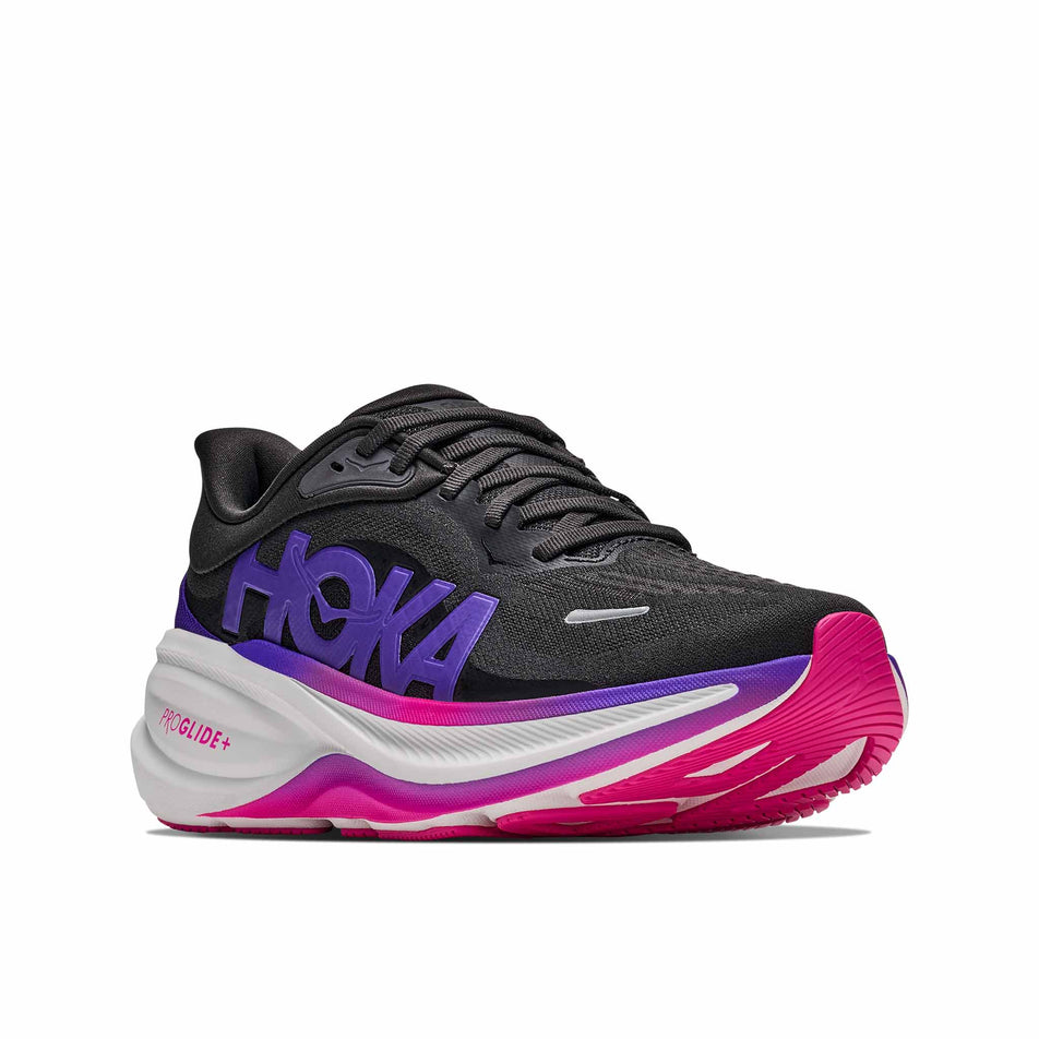 Lateral view of the right shoe from a pair of HOKA Women's Clifton Pro Running Shoes in the Carbon Black/Cosmic Purple colourway.