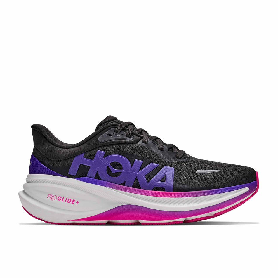 Lateral view of the right shoe from a pair of HOKA Women's Clifton Pro Running Shoes in the Carbon Black/Cosmic Purple colourway.