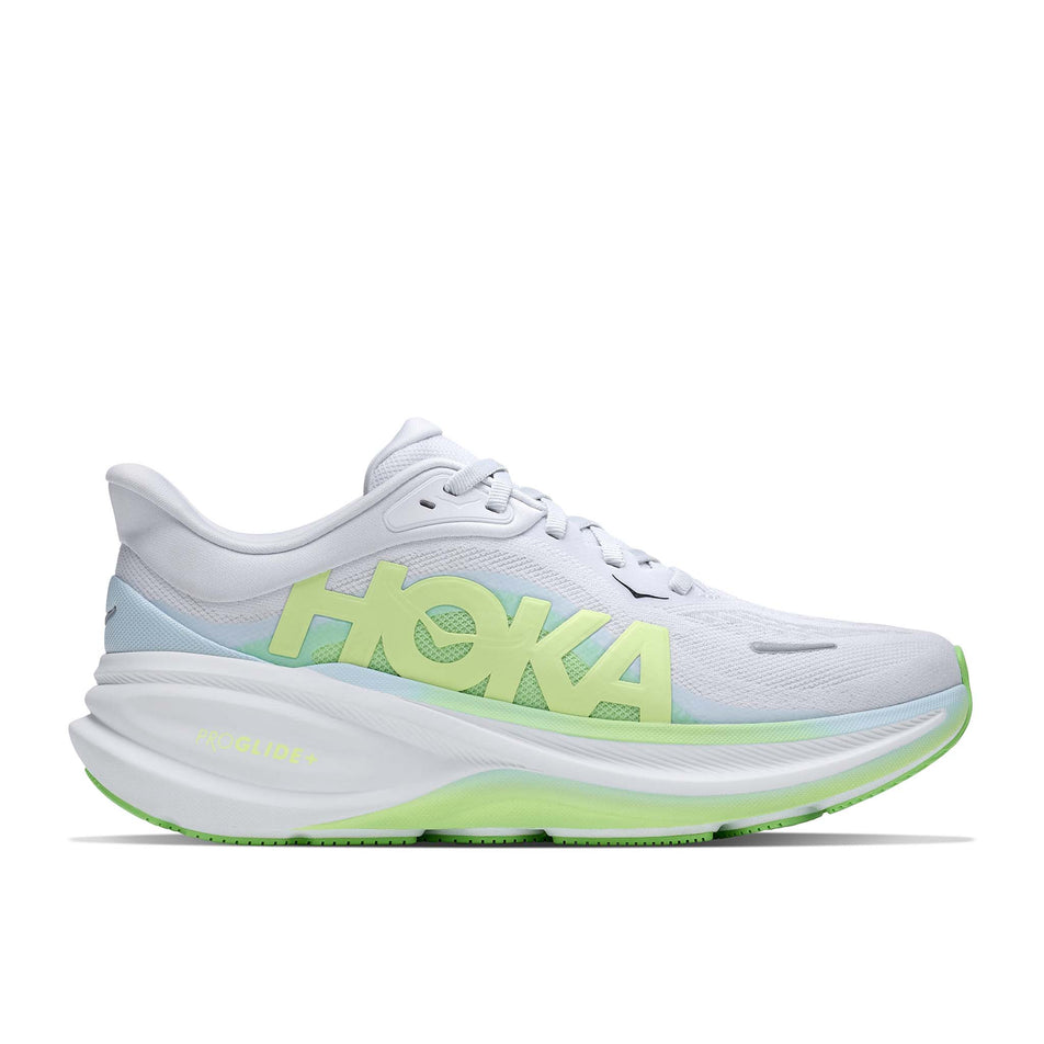 Lateral view of the right shoe from a pair of HOKA Women's Clifton Pro Running Shoes in the Cosmic Grey/Neon Yuzu colourway.